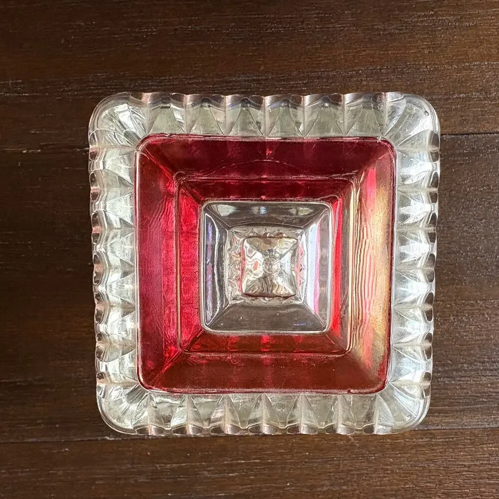 Vintage Glass Candy Dish Ruby Flash Lid Footed Compote Mismatched Eclectic 30s